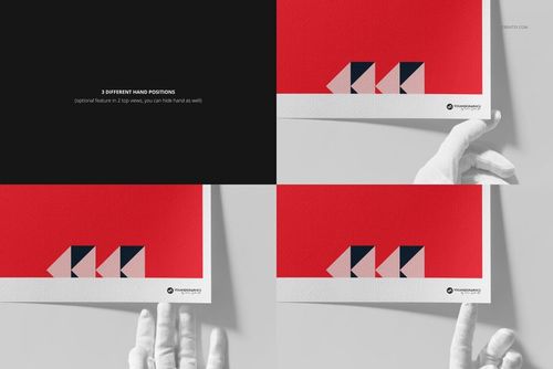Four-panel mockup showing a red fine art print with geometric shapes on textured paper, held by gloved hands.
