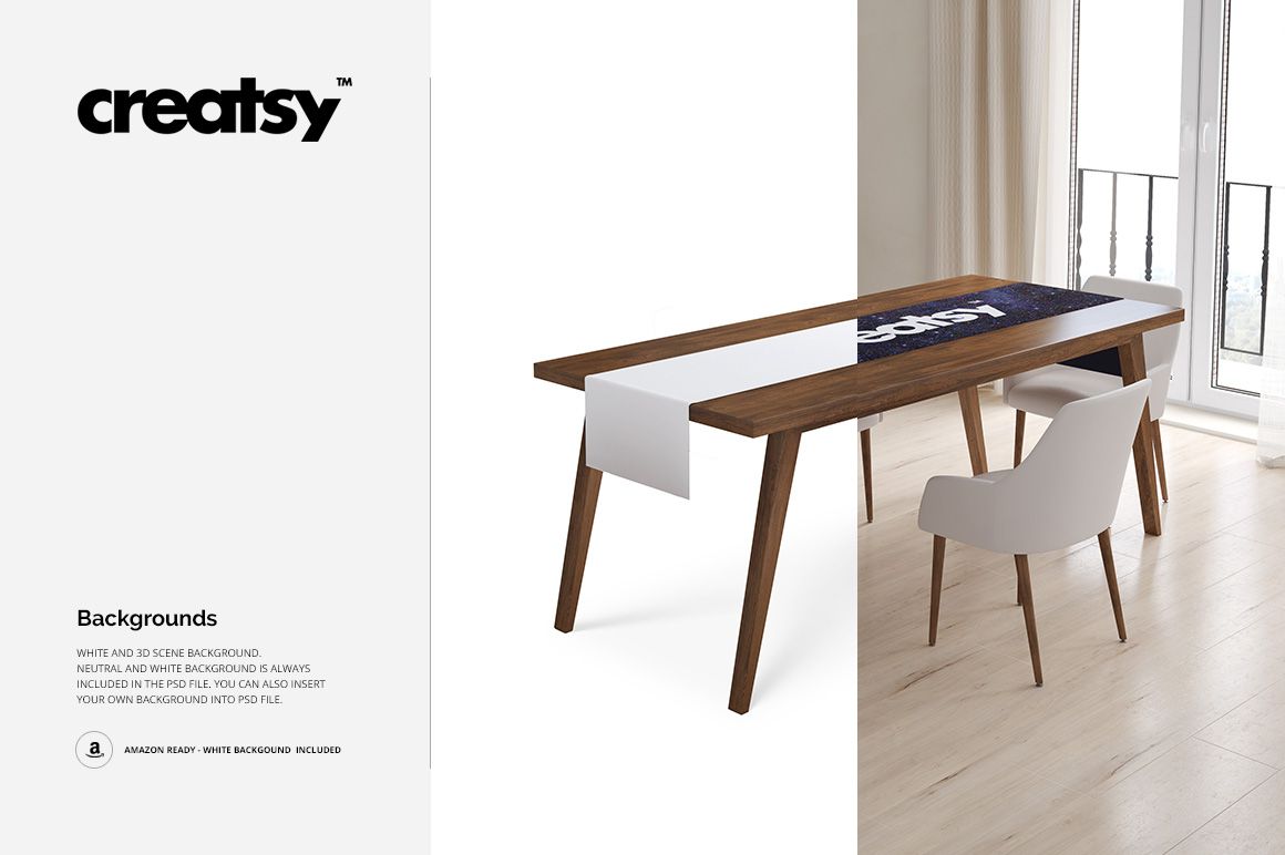 Table runner mockup featuring a rectangular white runner on a wooden table with a modern chair in a bright room.