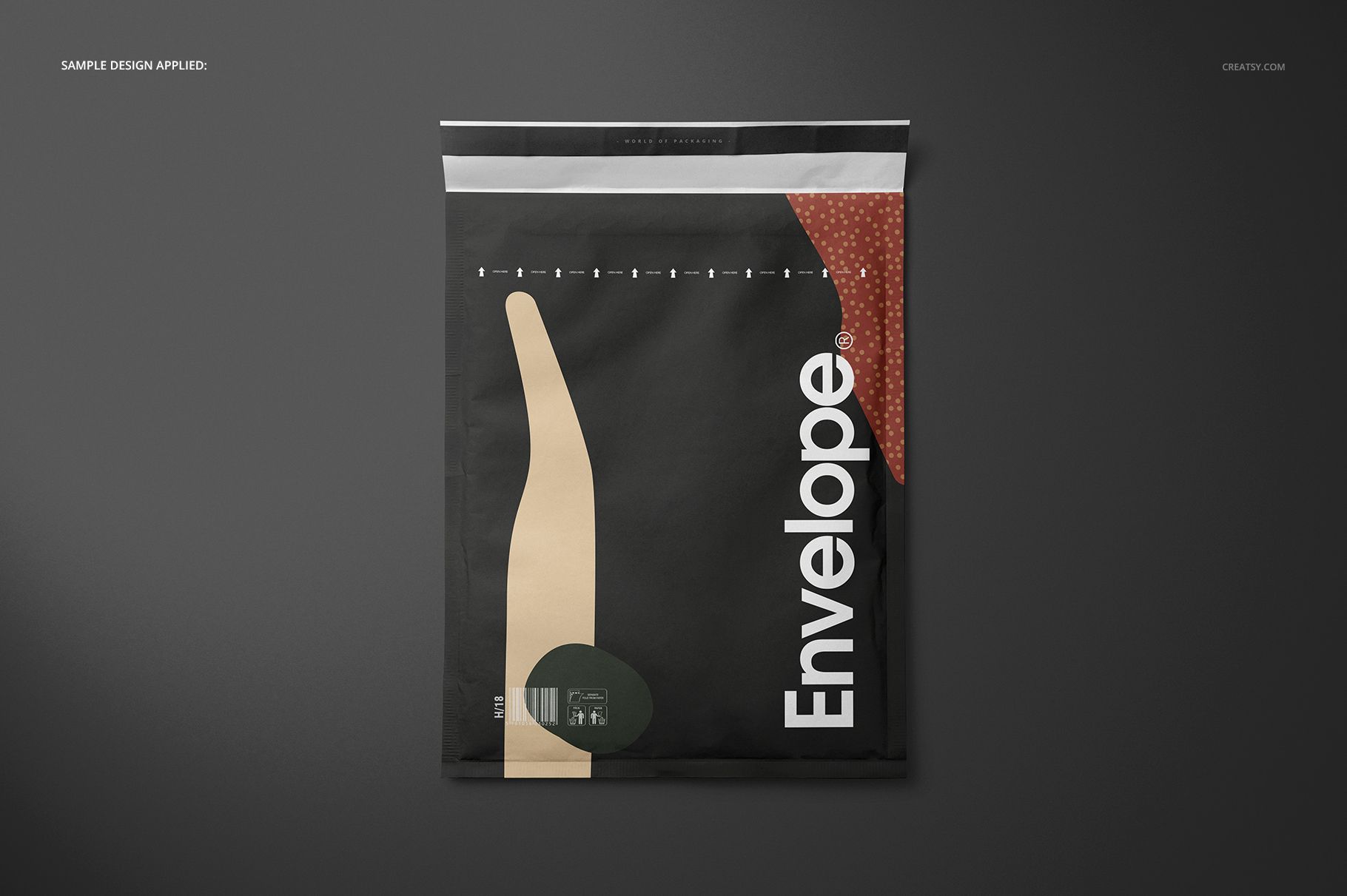 Front view of a modern envelope mockup featuring bold patterns in black, beige, and red with white lettering.