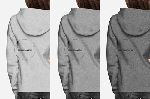 Comparison of three gray melange hoodie mockups, back view, highlighting different fabric tones on a white background.