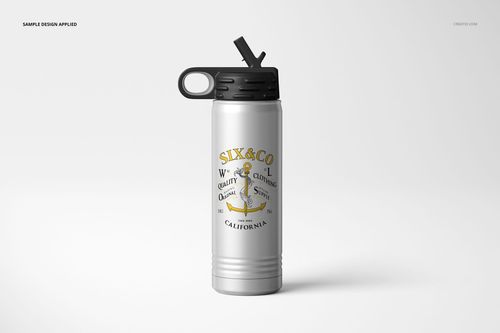 Front view of a 20 oz. stainless steel water bottle mockup with a printed logo and black screw-on lid, isolated on white.