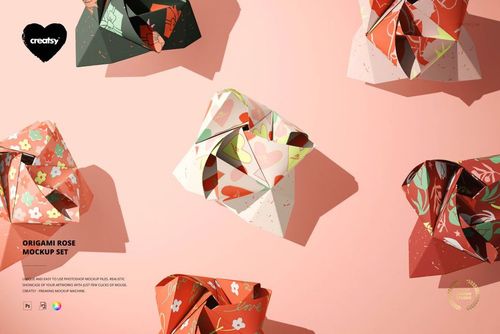 Origami rose mockup set featuring paper roses in various floral and heart patterns, displayed on a pink background.