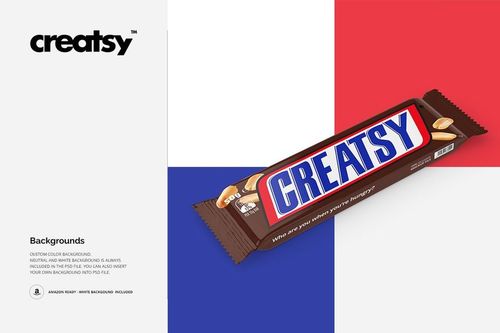 Chocolate bar packaging mockup with a brown wrapper, peanuts, and bold blue and white label, front view.