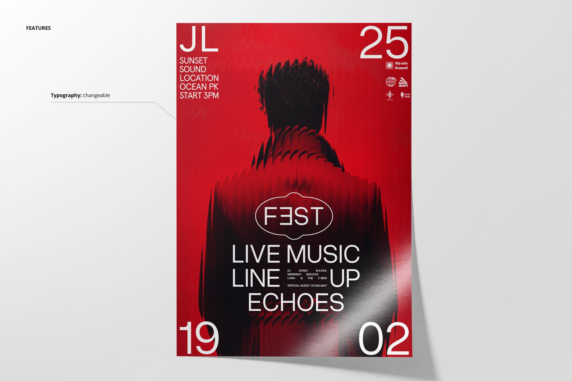 Red and black poster mockup featuring a stylized figure in the center, white event details, and modern typography.