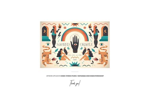 Jacquard fringed woven throw blanket mockup featuring a colorful mystical design with figures, tigers, and rainbows.