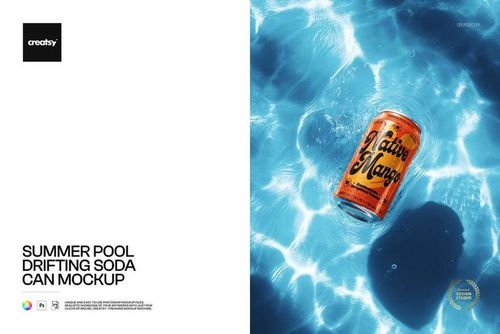 Orange soda can floating on clear blue pool water, sunlight reflecting on ripples, summer scene mockup.