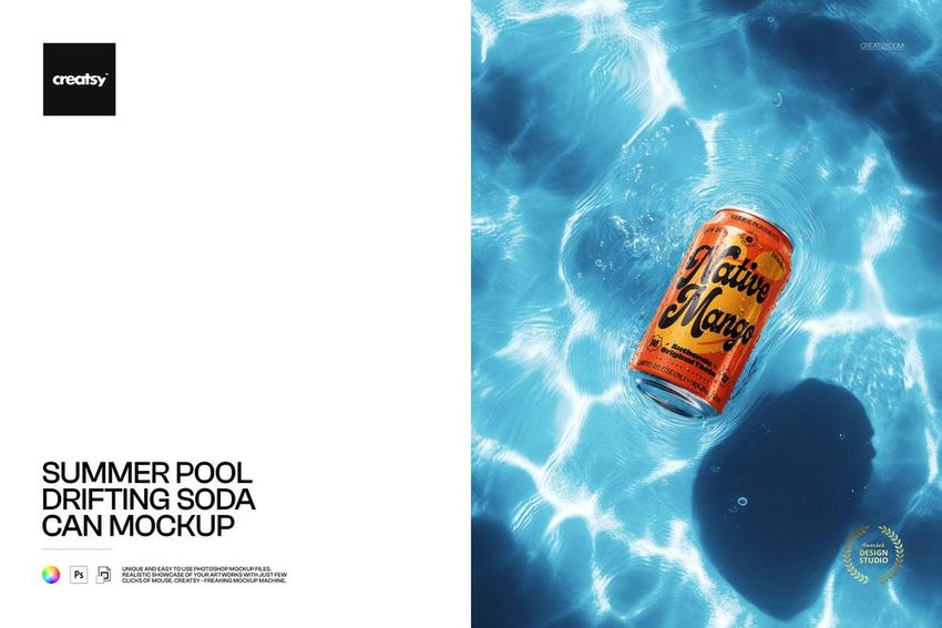 Orange soda can floating on clear blue pool water, sunlight reflecting on ripples, summer scene mockup.