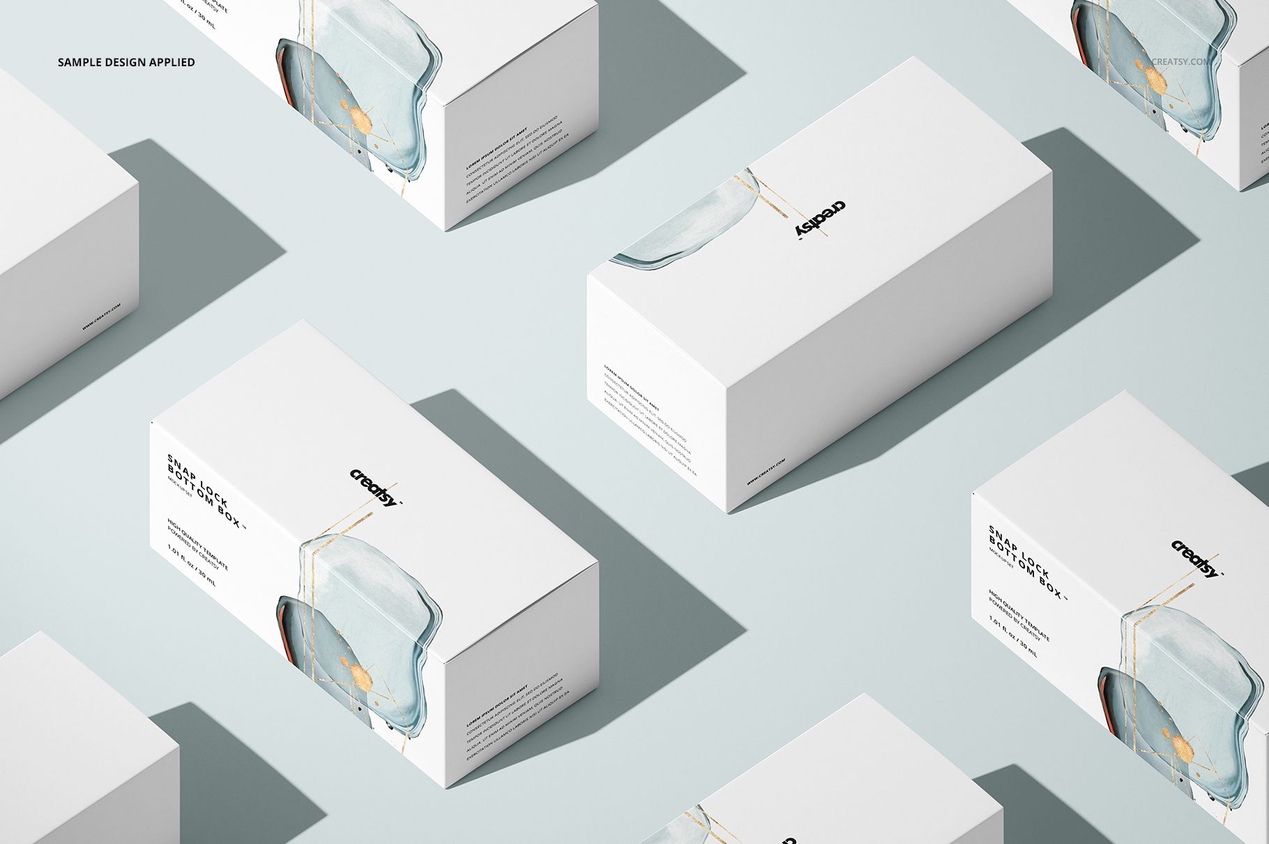 Snap lock bottom box mockup set arranged in a diagonal pattern, each box decorated with subtle watercolor artwork and shadows.