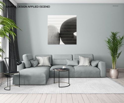Interior scene featuring a planked wood wall art mockup, light gray furniture, green plants, and a neutral color palette.