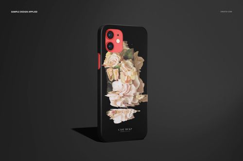 iPhone 12 matte snap case mockup featuring a floral design with cream and pink roses on a black background, front view.