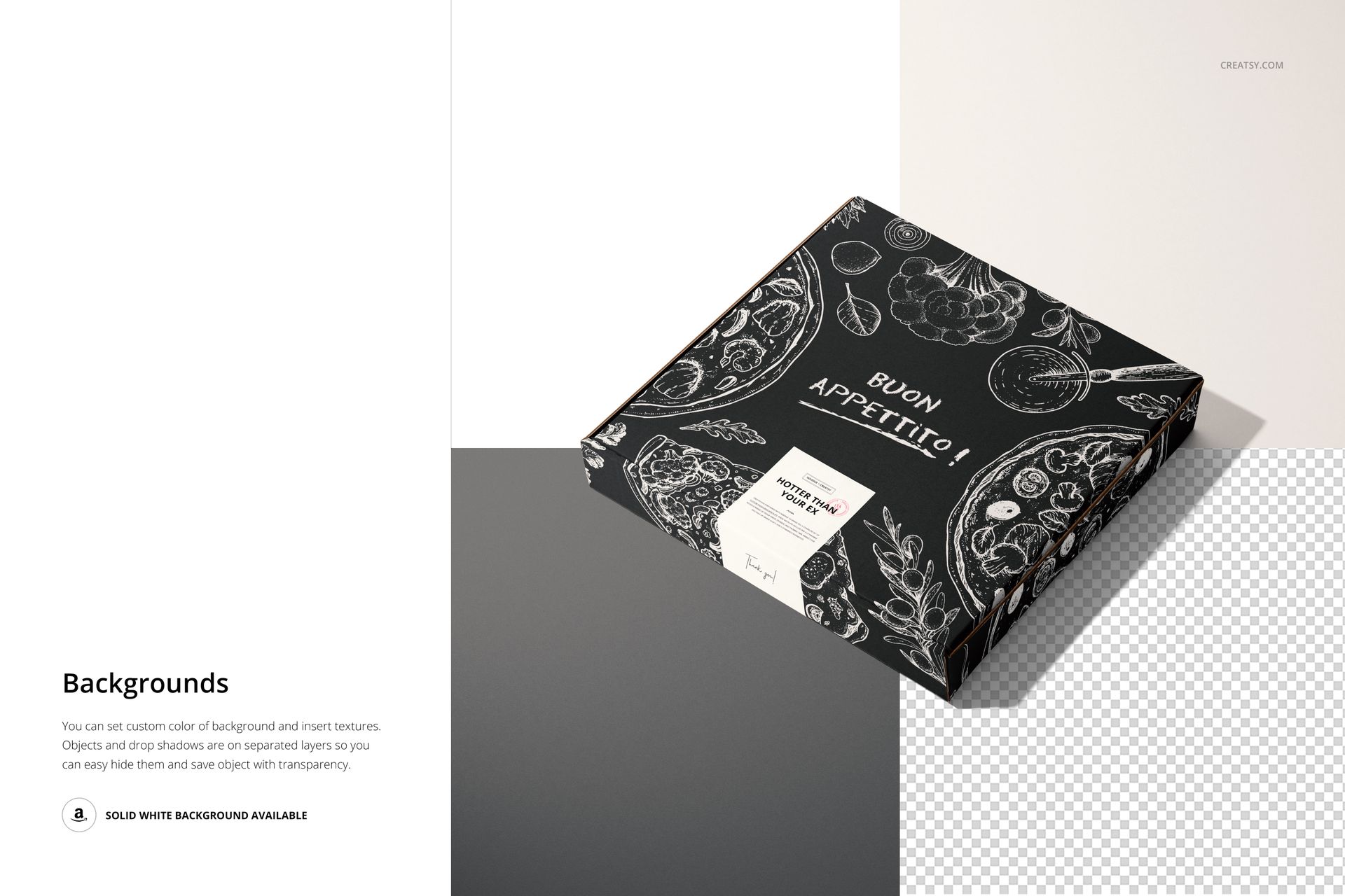 Pizza box mockup featuring hand-drawn food illustrations, a central sticker, and a mix of white and gray backgrounds.