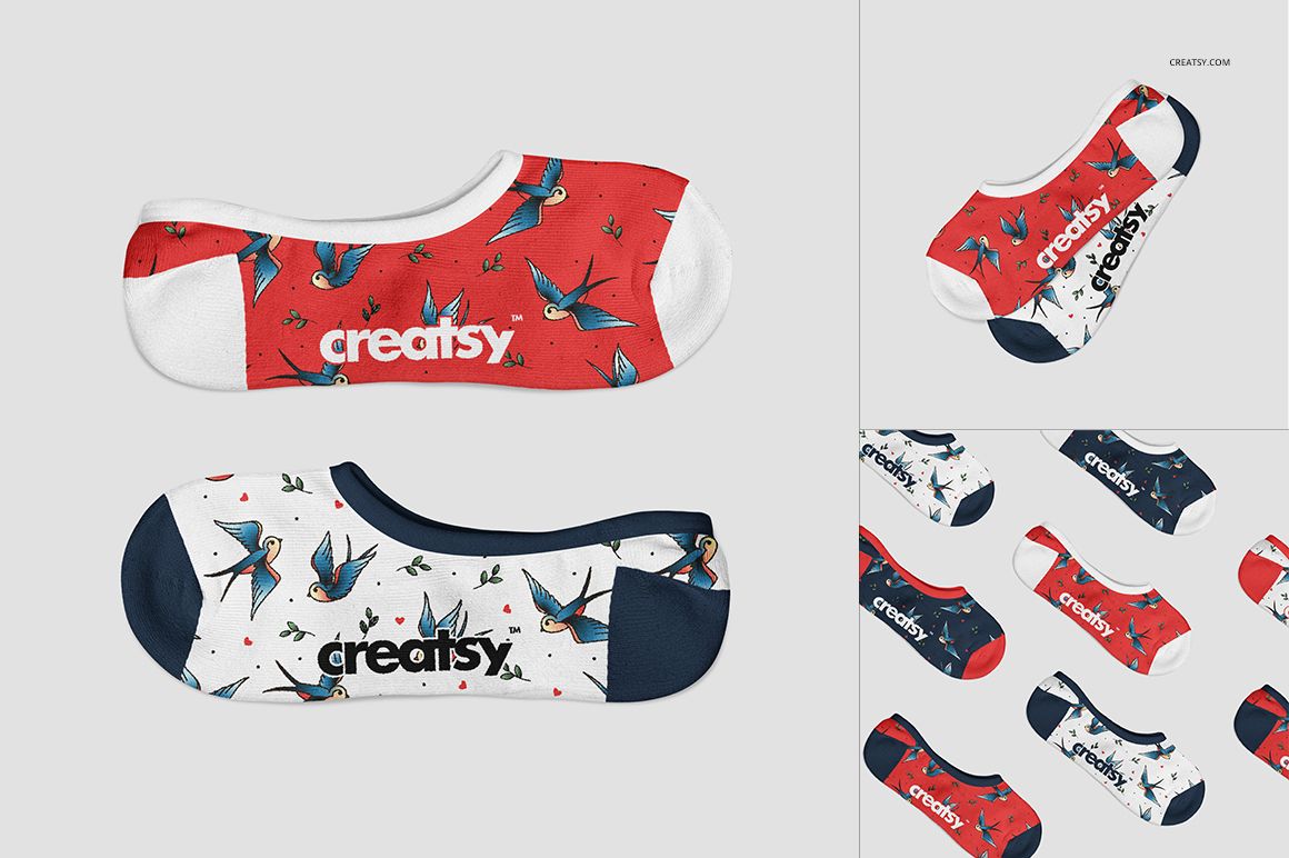 No show socks mockup set featuring two pairs with bird patterns, shown in red and white color schemes on a plain background.