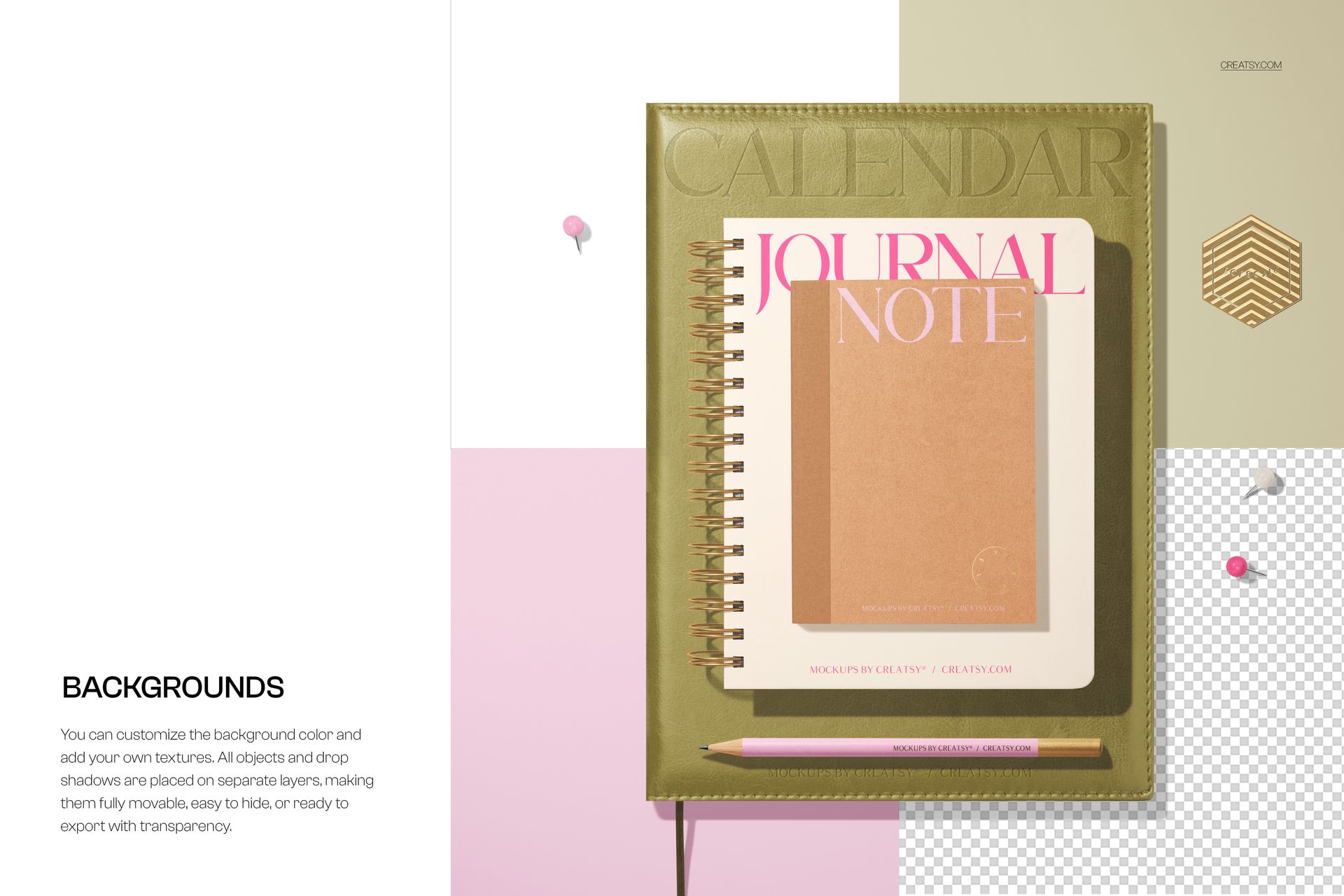 Top view of a leather spiral planner and small notebook mockup on a pastel geometric background with a pencil.