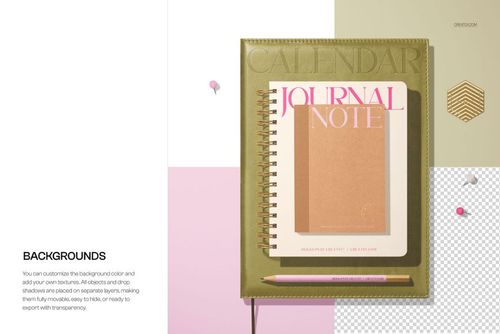 Top view of a leather spiral planner and small notebook mockup on a pastel geometric background with a pencil.