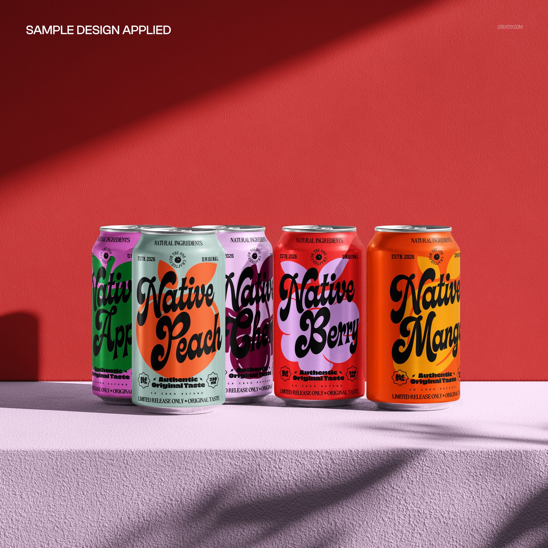 Soda can collection mockup featuring vibrant cans with different fruit labels, displayed against a red wall background.