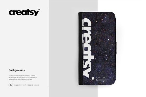 Foldable phone case mockup with a galaxy pattern and bold white text, shown in a top view on a split white and gray background.