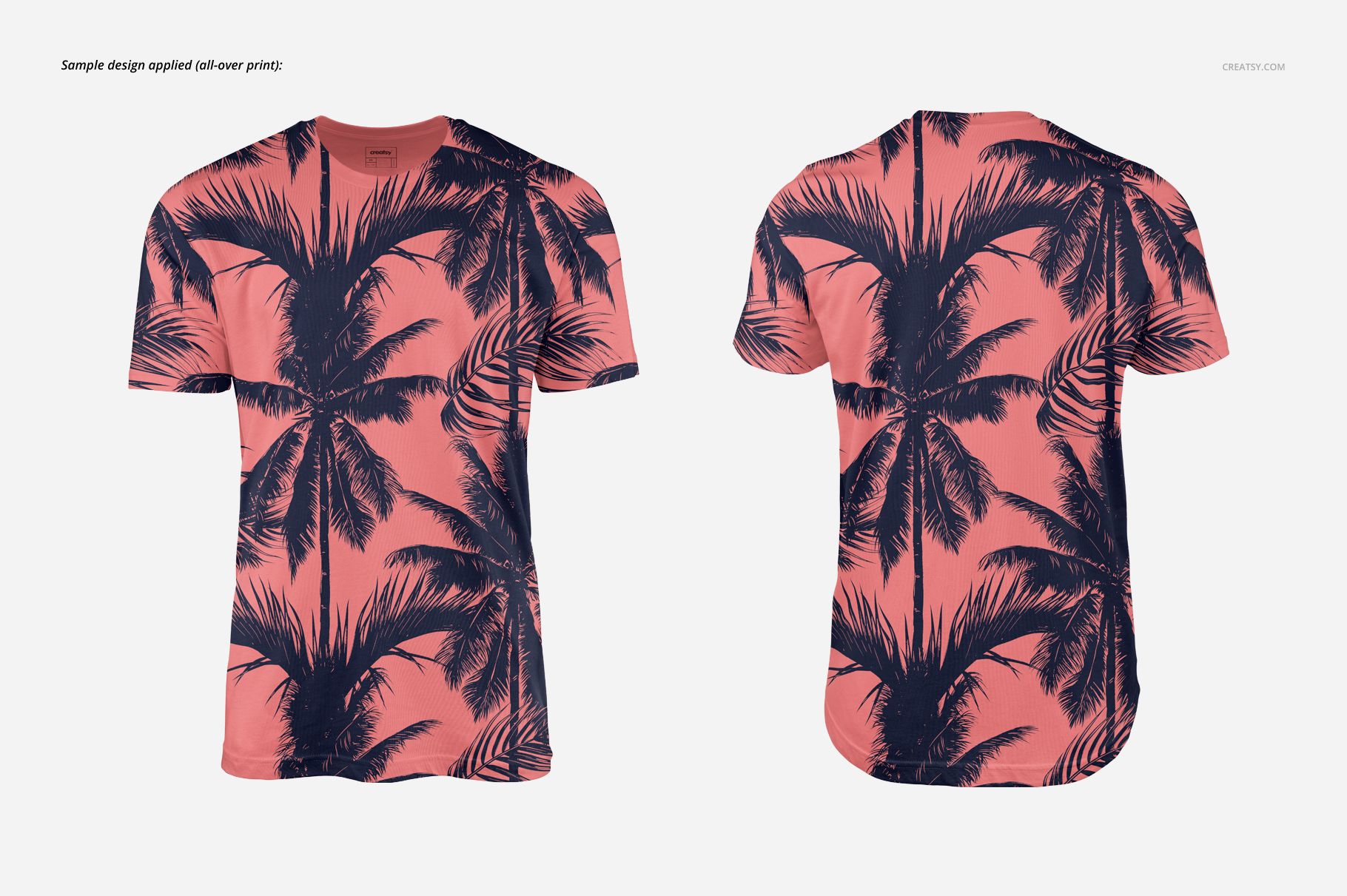 Men's t-shirt mockup featuring a coral pink shirt with navy blue palm tree pattern, shown in front and back views.