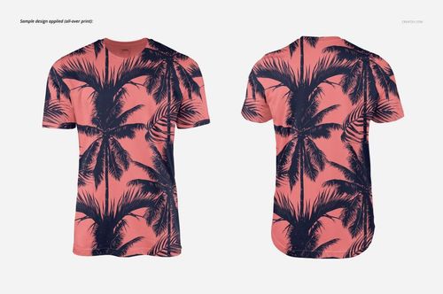Men's t-shirt mockup featuring a coral pink shirt with navy blue palm tree pattern, shown in front and back views.