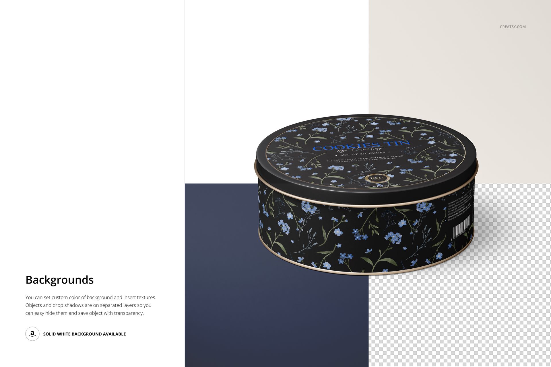 PSD mockup of a round cookie tin featuring blue floral designs, displayed at a slight front-side perspective.