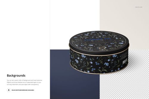 PSD mockup of a round cookie tin featuring blue floral designs, displayed at a slight front-side perspective.