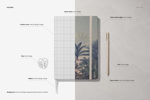 Leather notebook mockup with half grid pattern and half tropical design cover, shown in top view on a light surface.