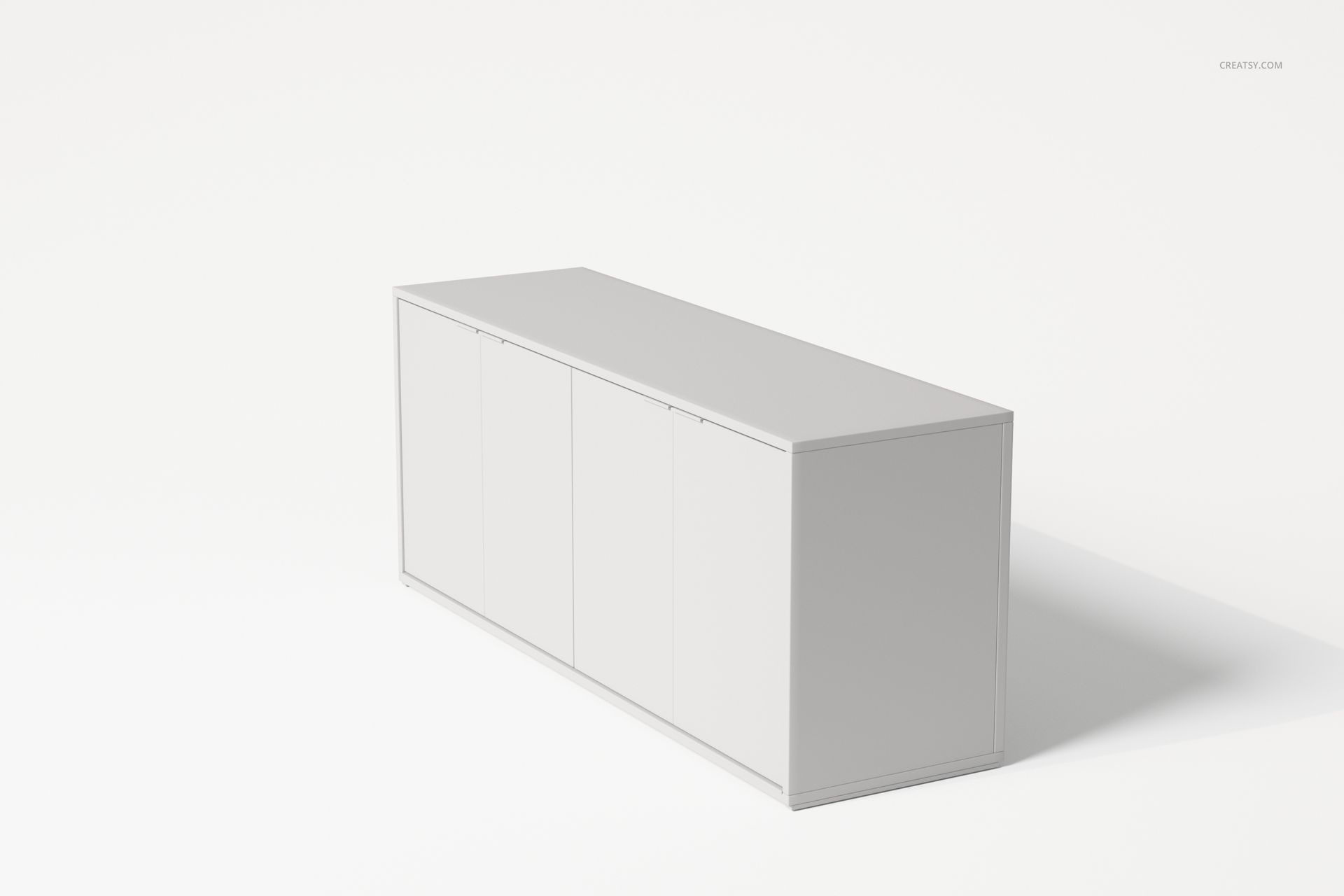 Minimalist sideboard with clean lines and a smooth white surface, shown in a three-quarter view on a plain background.