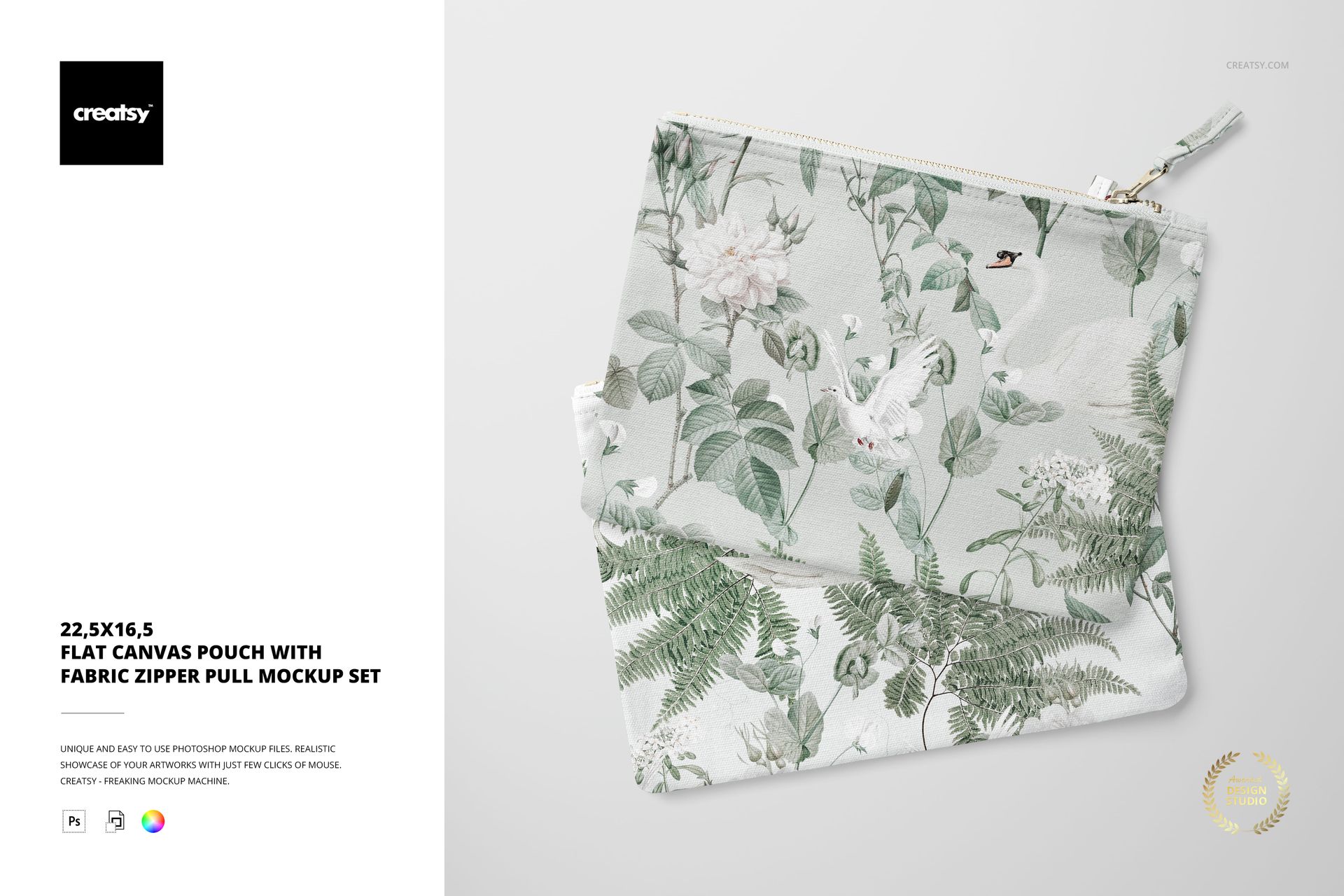 Flat canvas pouch with fabric zipper pull featuring a botanical pattern, shown in a top view on a light background.