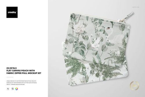 Flat canvas pouch with fabric zipper pull featuring a botanical pattern, shown in a top view on a light background.