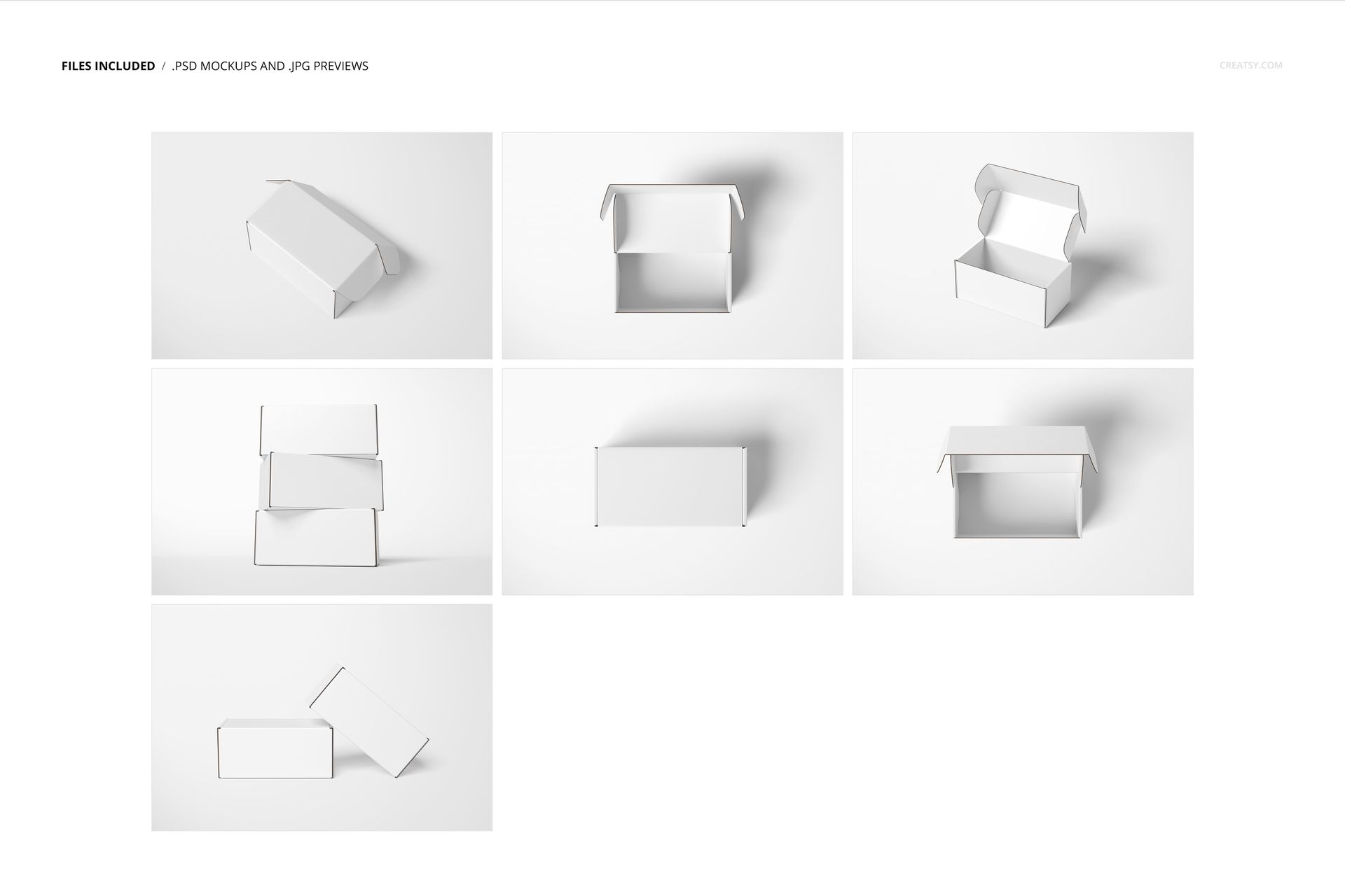 Front tuck mailer box mockup set showing seven white rectangular boxes in various open and closed positions on a plain background.