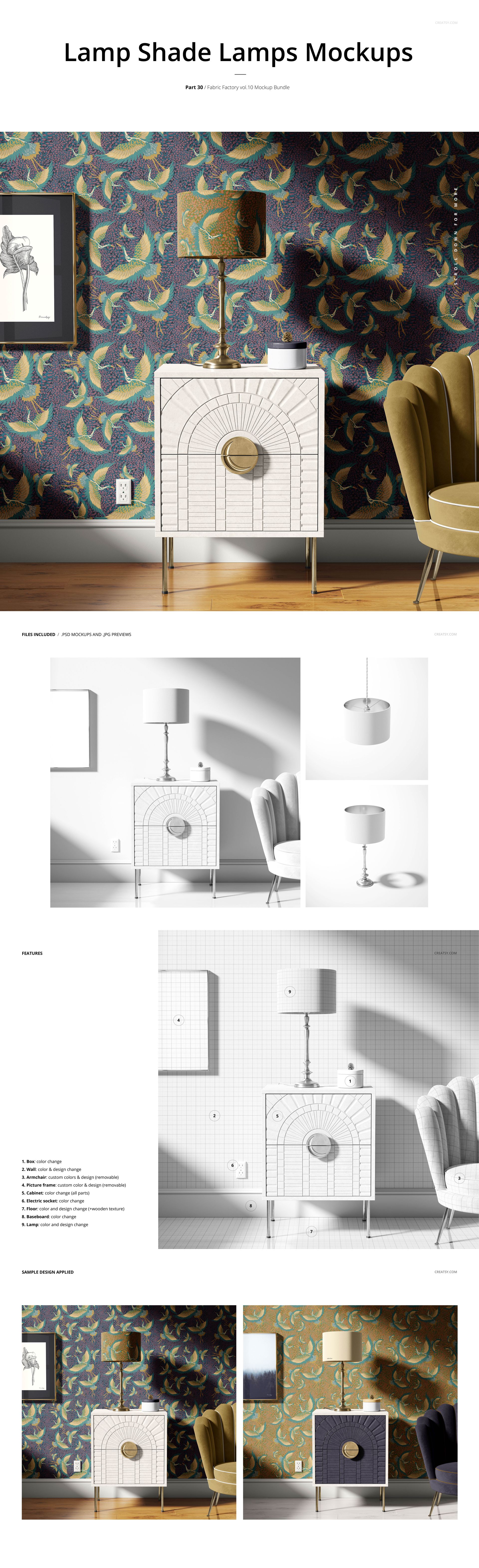 PSD mockup showing a lamp with a round shade on a cabinet, with a leaf-patterned wallpaper and armchair in the background.