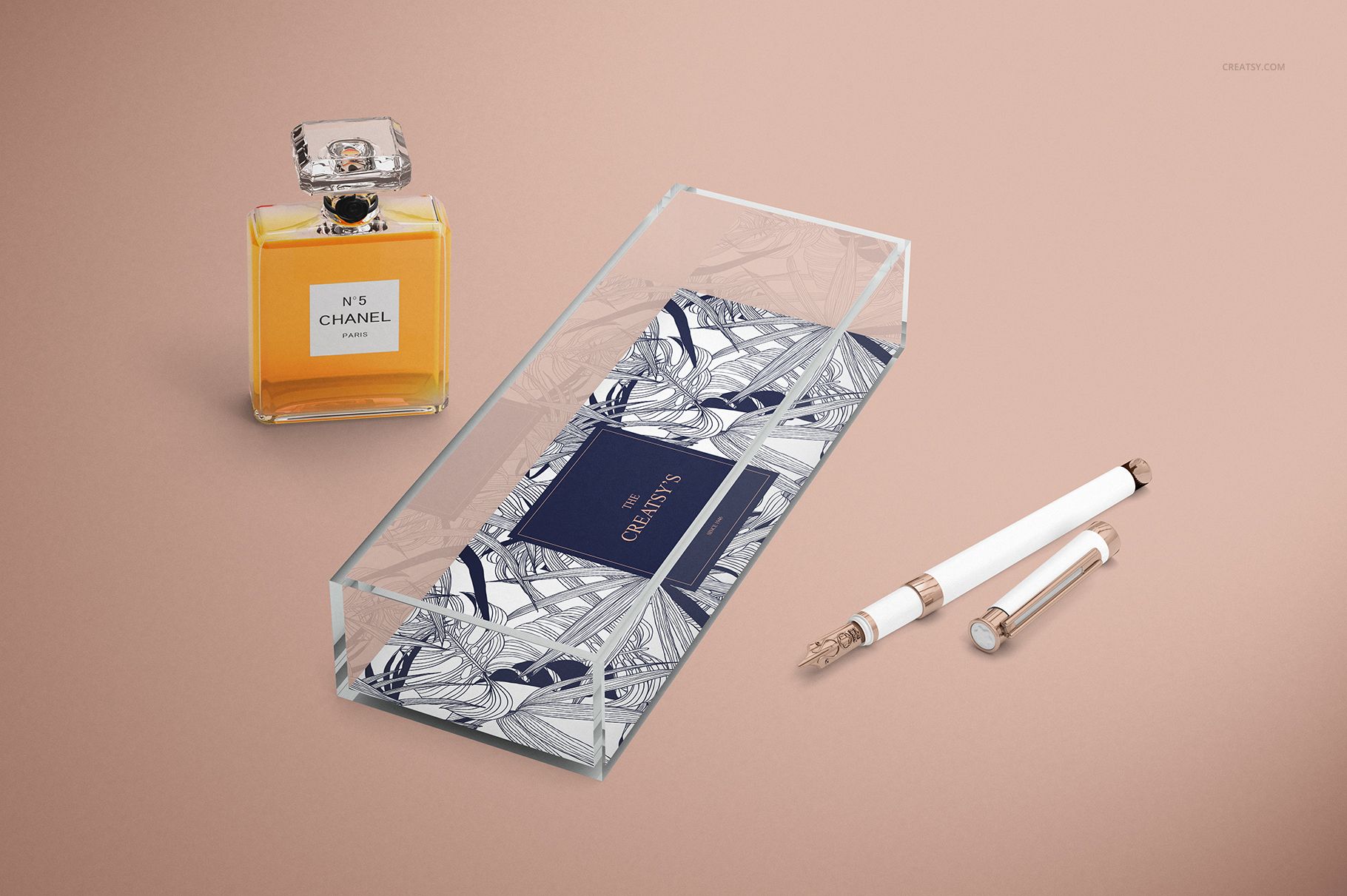 Lucite tray mockup featuring a clear rectangular shape, patterned insert, and accessories on a neutral background.