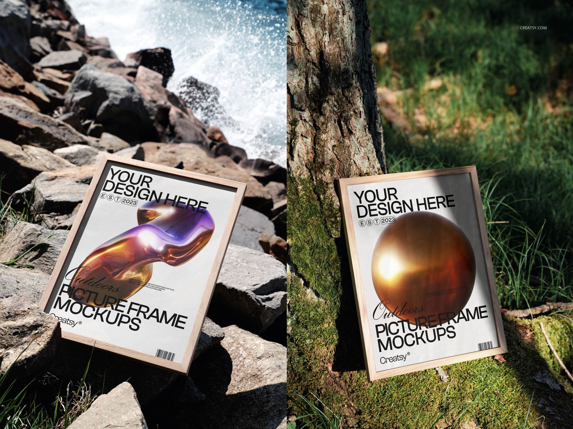 Wooden picture frame mockup displayed outdoors, one on rocky shore near water and one leaning against a tree on grass.