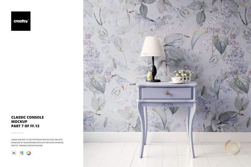 Classic console mockup featuring a light purple table and decorative objects, set before a soft floral wallpaper design.