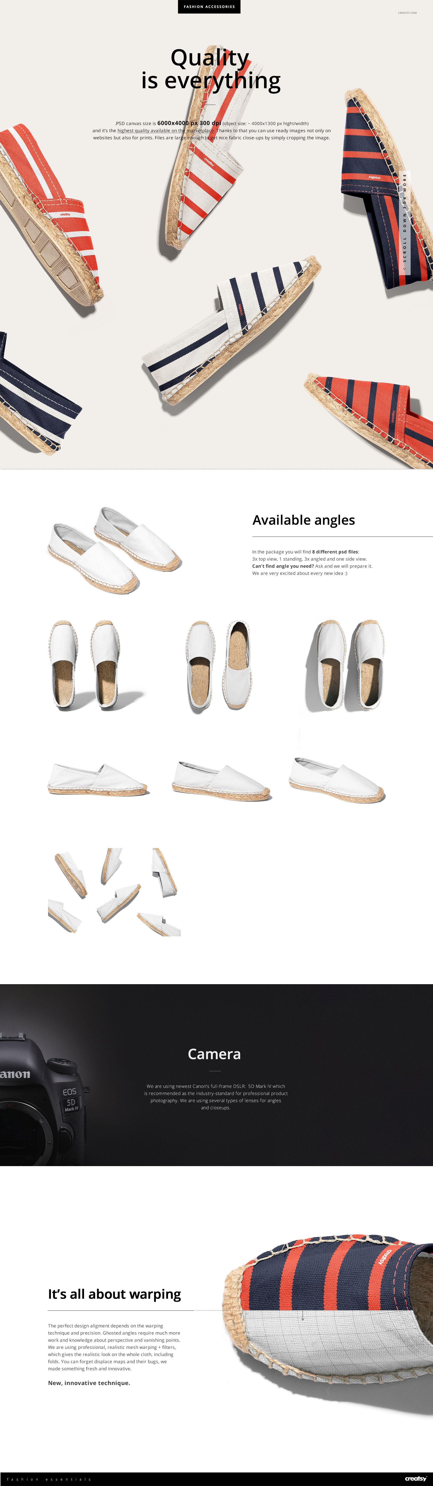 Canvas espadrilles mockup set featuring multiple pairs of slip-on shoes in white and striped patterns, shown from various angles.