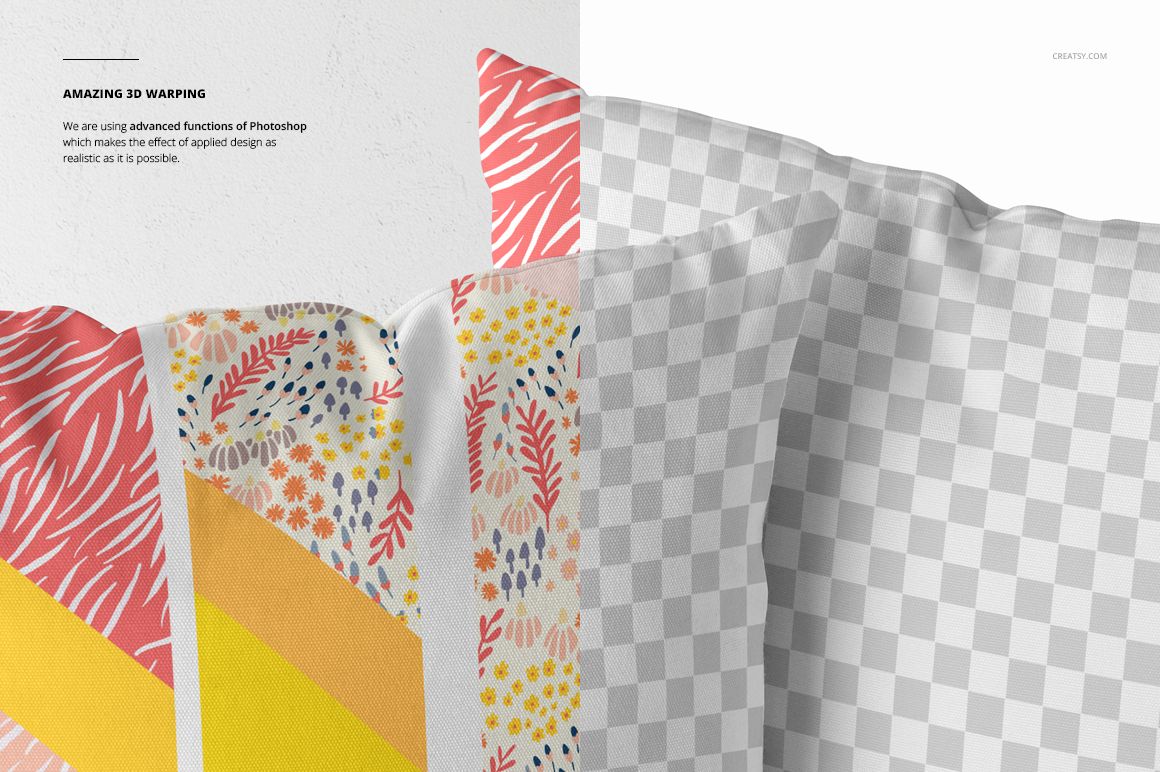 Square throw pillow mockup set showing a patterned pillow beside a blank PSD mockup with a checkered background.