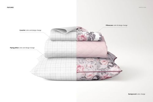 Front view of layered bedding mockup featuring a pillowcase, coverlet, and pillow with customizable designs and colors.