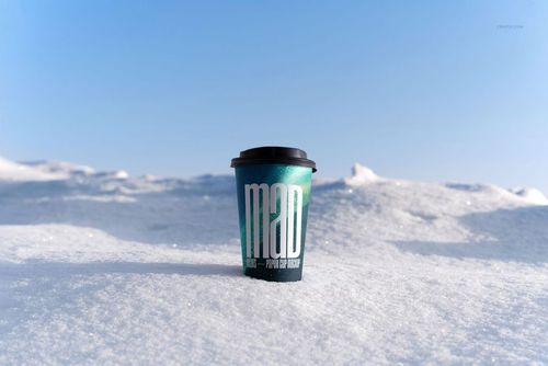 Winter-themed paper cup mockup with a dark lid placed on snow, featuring teal and white graphics, front view.