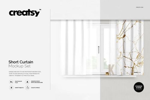 Front view of a short curtain mockup set with white curtains featuring gold marble patterns, hanging over a window.