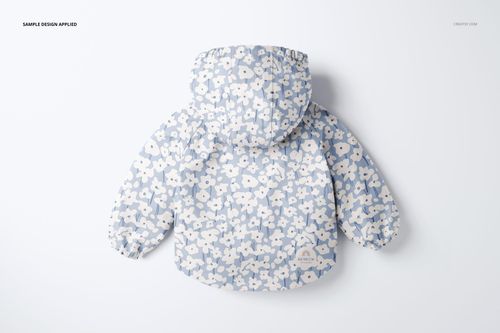 Back view of a children's raincoat mockup with a soft blue and white flower print, displayed on a white surface.