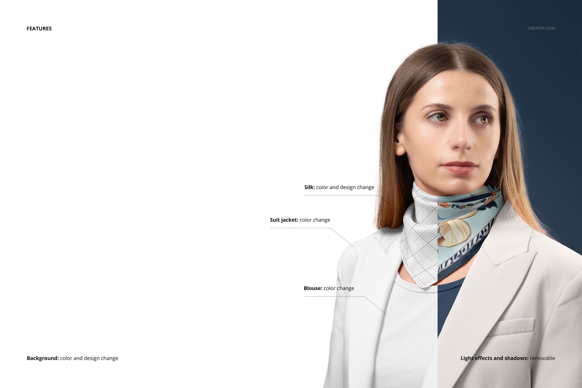 Silk scarf mockup draped around neck, featuring light geometric pattern and pastel colors, front view on model.