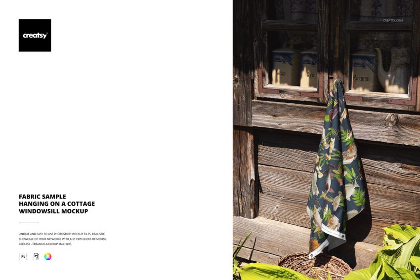 Fabric Sample Hanging on a Cottage Windowsill Mockup - mockup screenshot 1