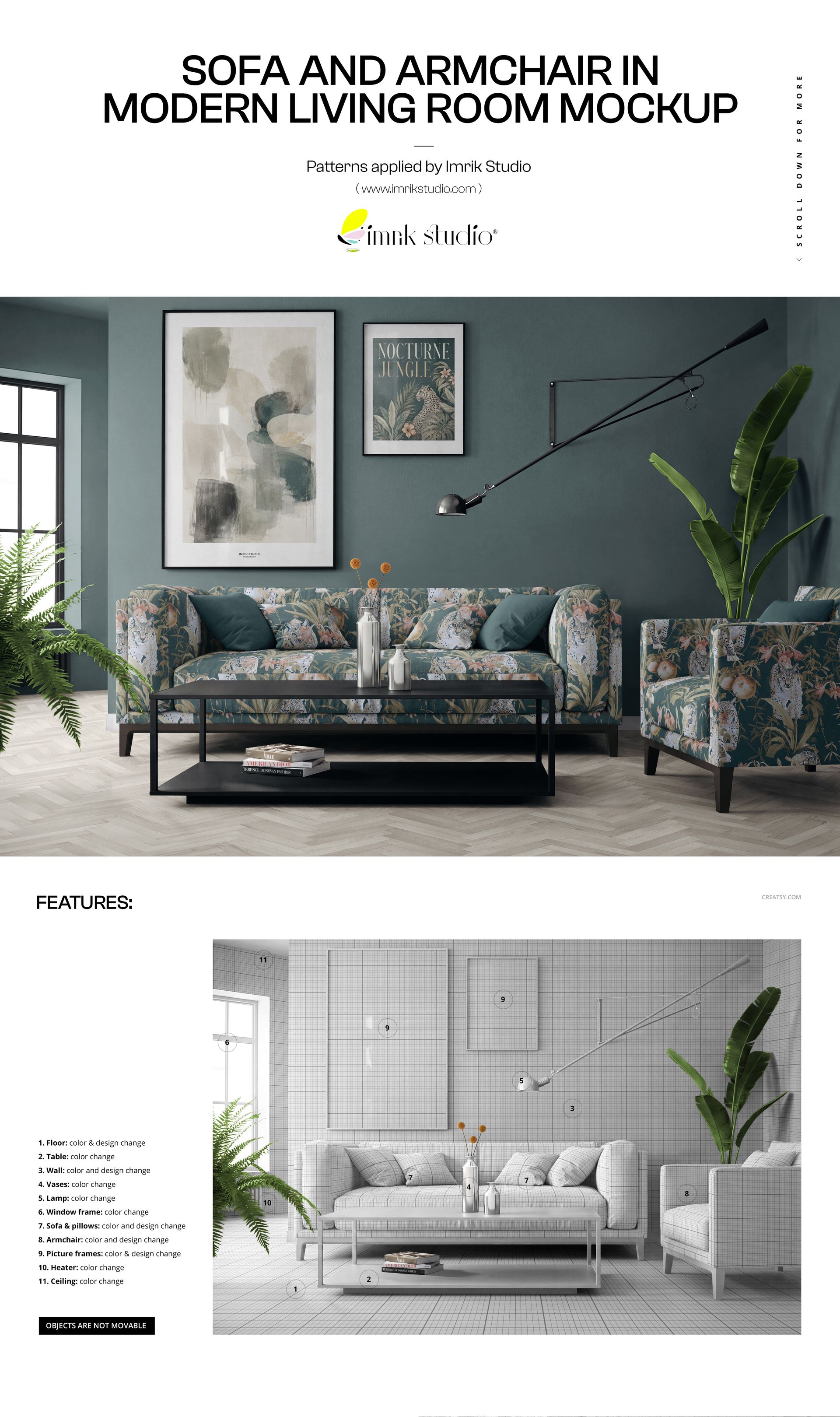 PSD mockup featuring upholstered sofa and armchair with floral patterns, wall art, and tropical plants in a styled room.