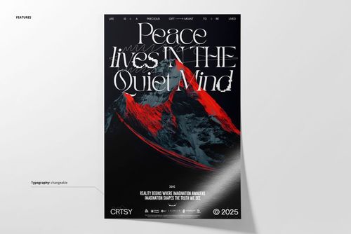 Front view of a poster mockup showing a dramatic mountain illustration in black and red, with artistic text overlay.