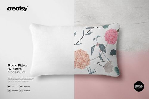 Front view of a 30x50cm piping pillow mockup featuring pink and peach flowers, placed on a pale wood background.