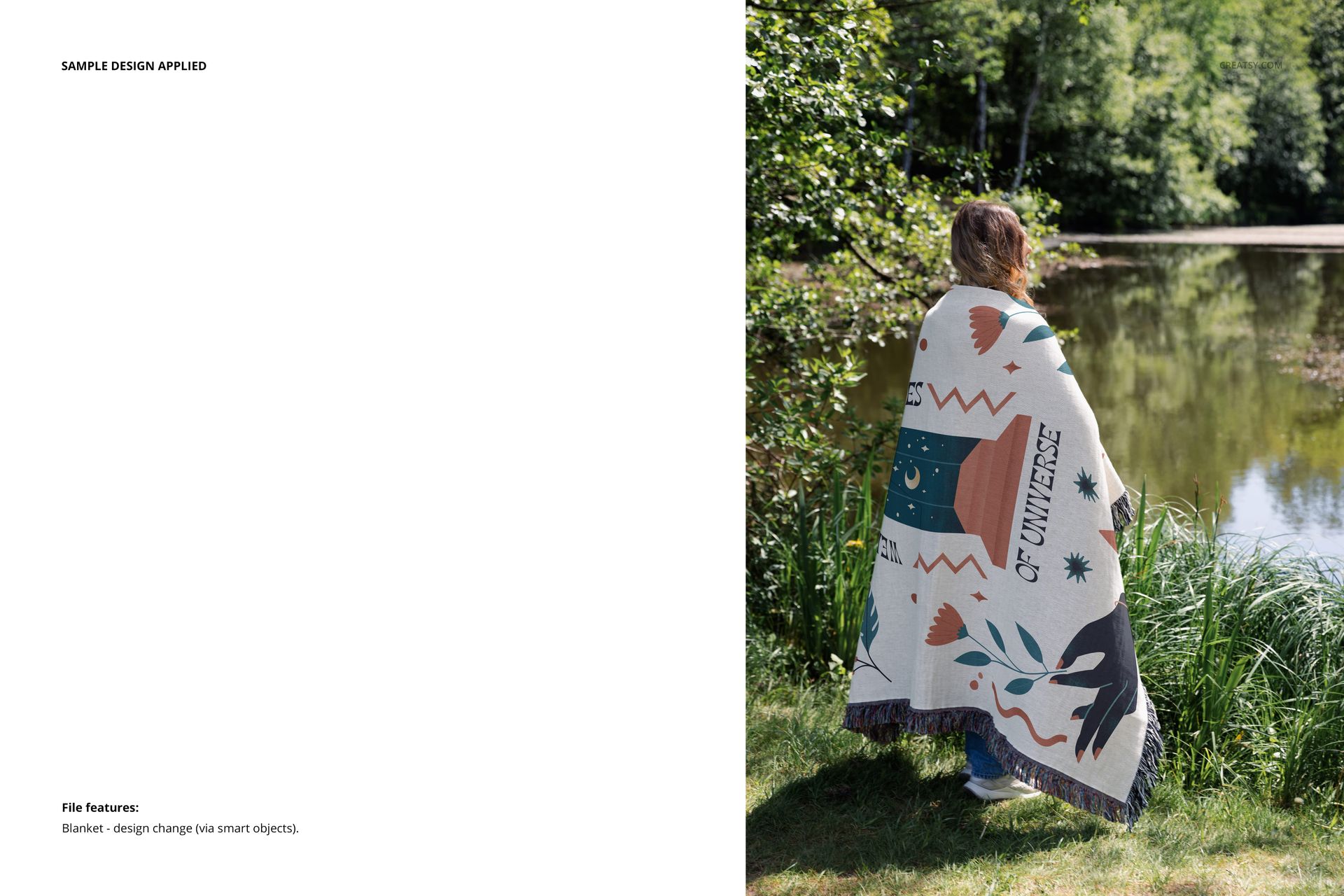 Jacquard fringed throw blanket mockup draped around a person outdoors near water, featuring abstract designs.