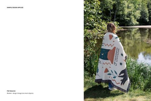 Jacquard fringed throw blanket mockup draped around a person outdoors near water, featuring abstract designs.