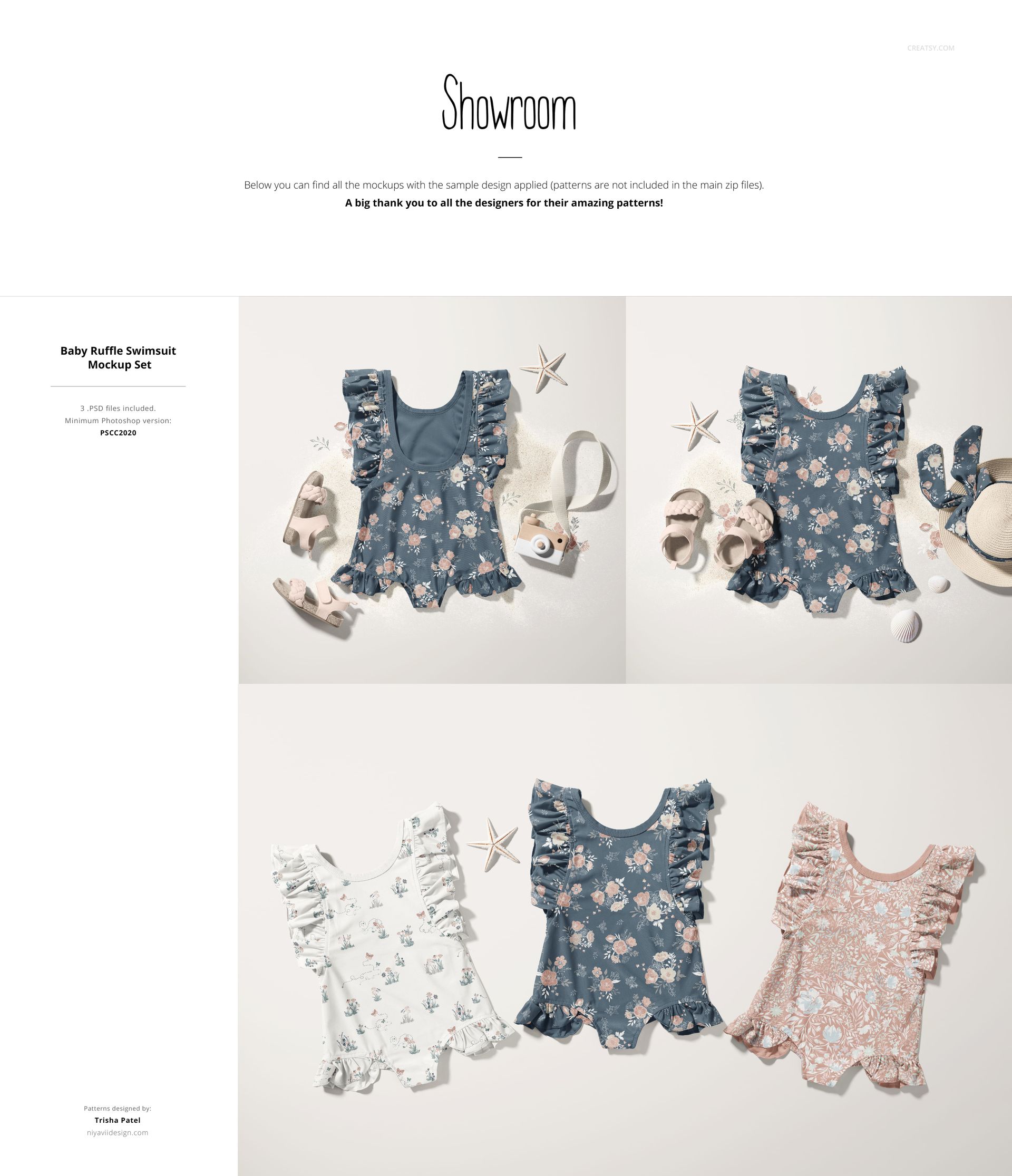PSD mockup showing three kids' swimsuits with ruffles and floral prints, arranged flat with starfish and sandals.