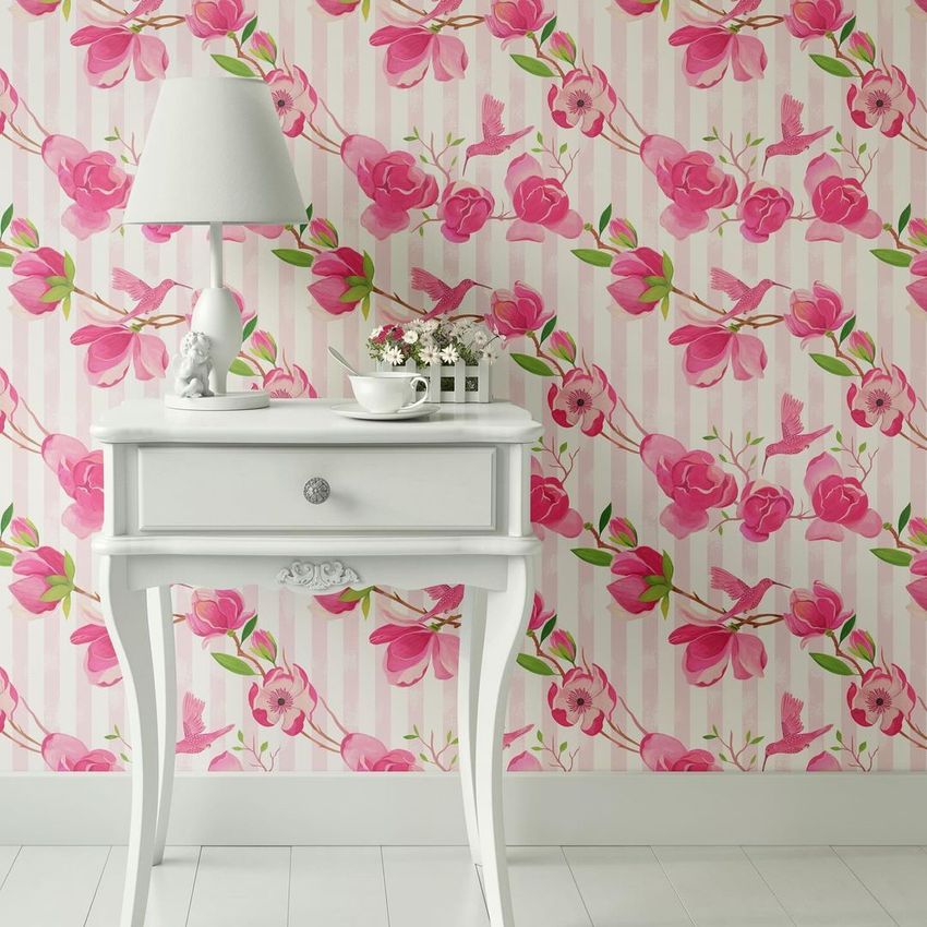 Classic console mockup featuring a white vintage table with a lamp and flowers, set against pink floral striped wallpaper.