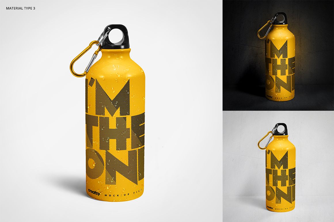 Yellow aluminum water bottle mockup featuring large black lettering, displayed upright with a carabiner on a white background.