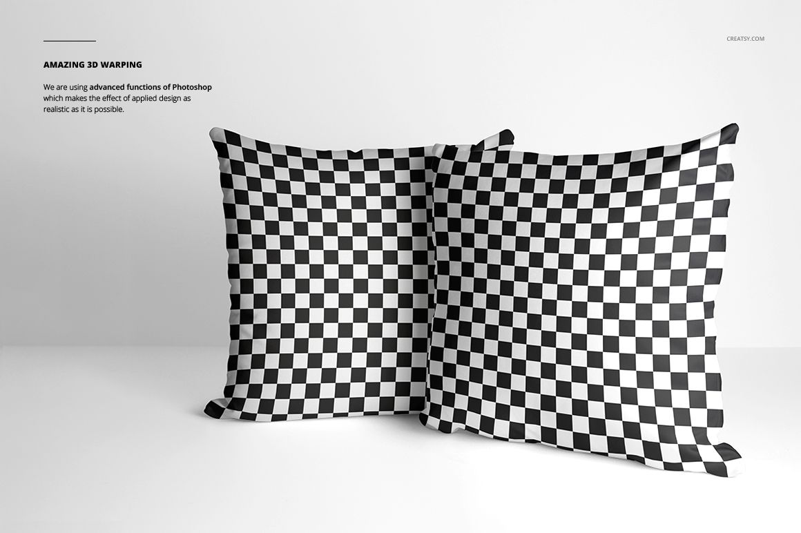 Mockup of two polyester pillows with a bold checkerboard pattern, shown from the front against a minimalist backdrop.